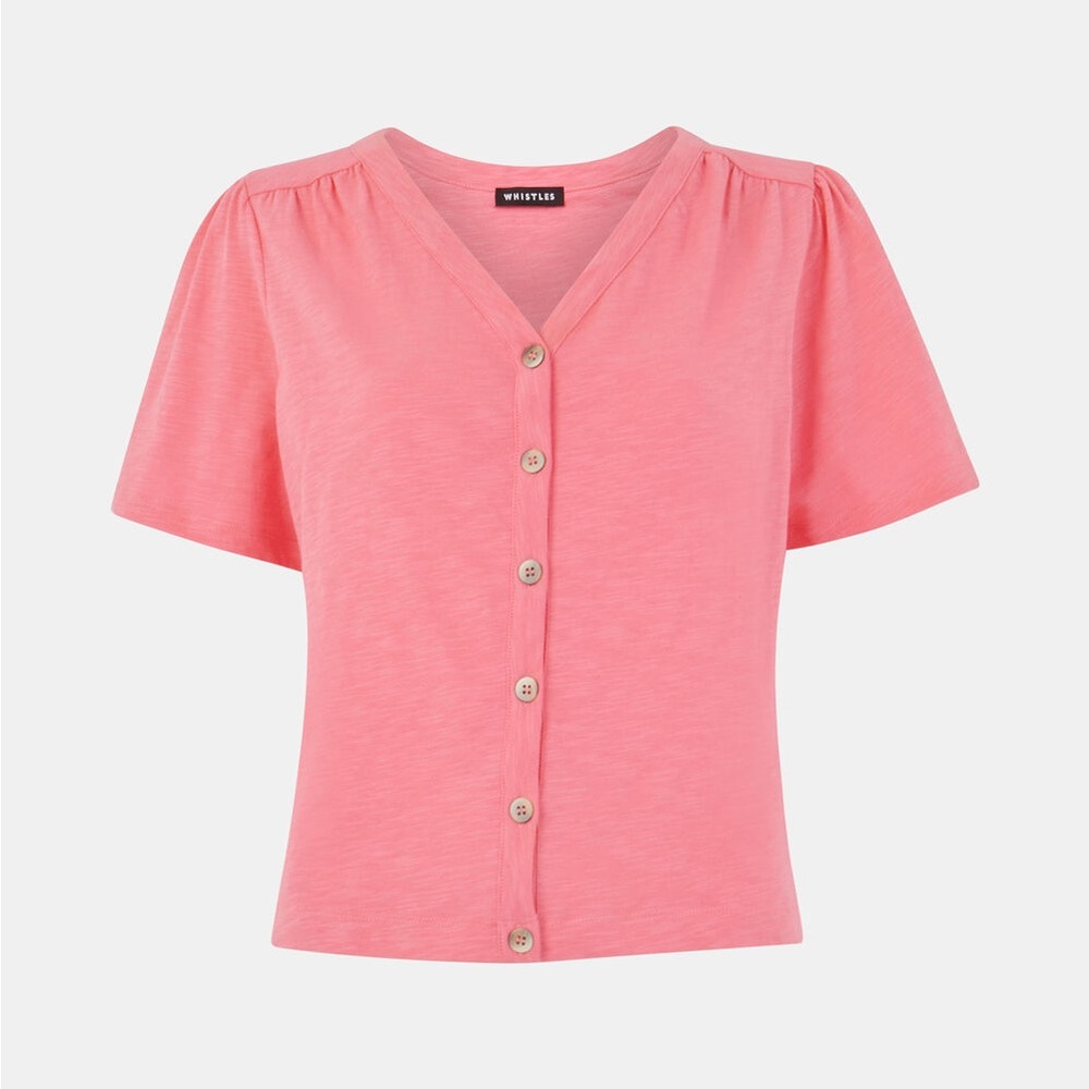 Whistles Pink Button-Front V-Neck Short-Sleeve Top